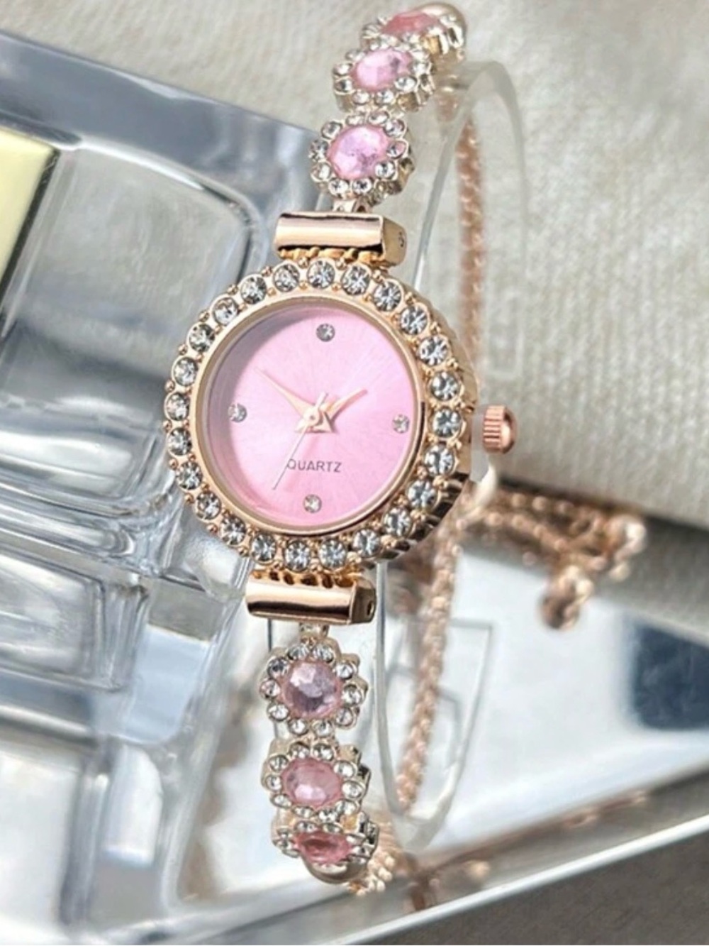 Elegant Pink Crystal Women's Bracelet Watch - Rose Gold Tone - Picture 2 of 3